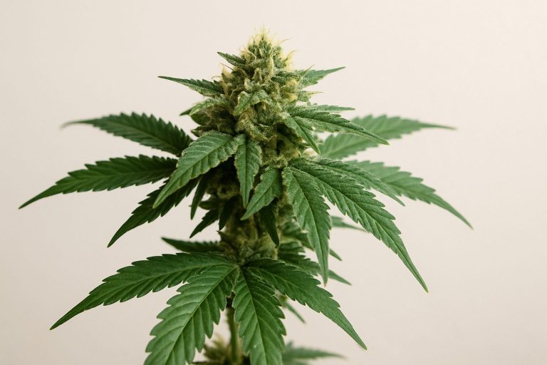Close-up of a healthy cannabis plant with lush green leaves and dense buds against a neutral background.