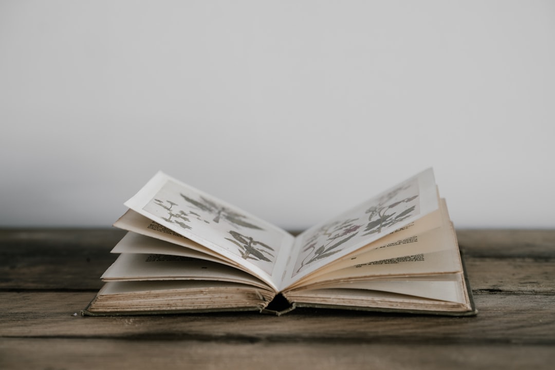 An open book with illustrated pages resting on a wooden table
