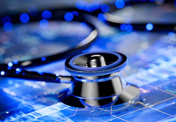 A close-up image of a stethoscope on a futuristic digital background