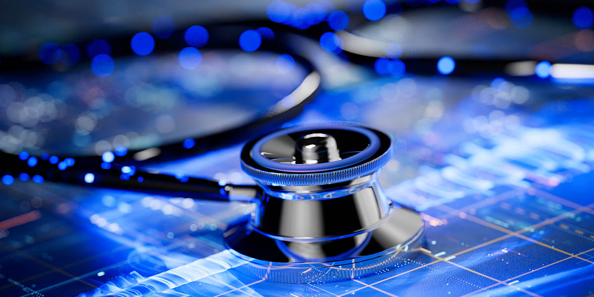 A close-up image of a stethoscope on a futuristic digital background
