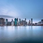 Panoramic view of a city skyline at dusk