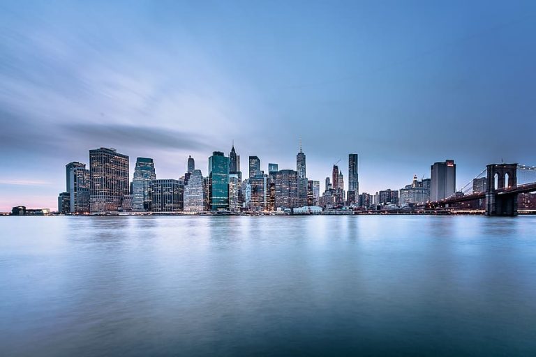 Panoramic view of a city skyline at dusk