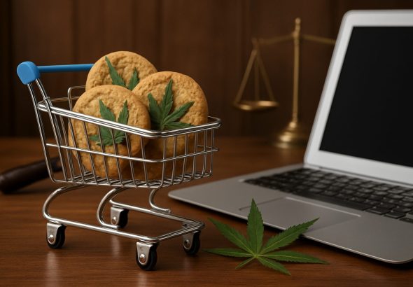 A small shopping cart filled with cannabis cookies alongside a laptop and a scale symbolizing law