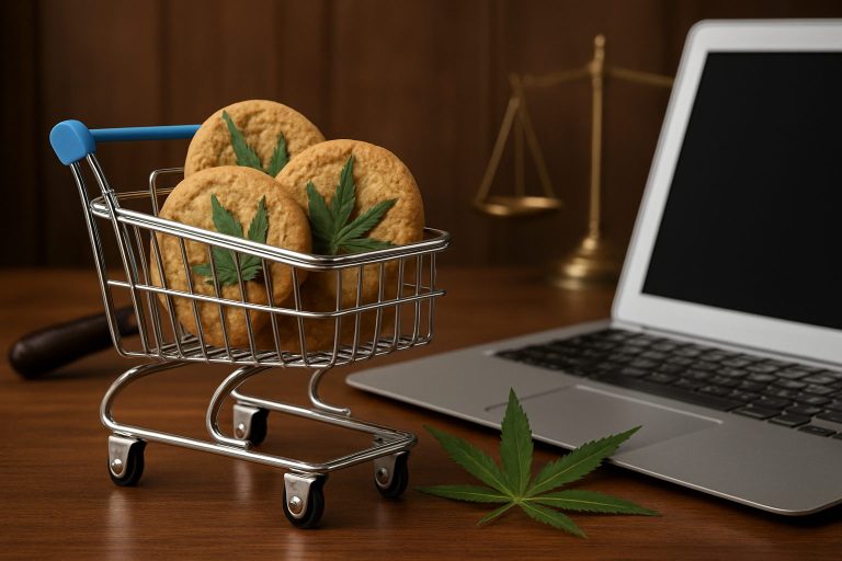 A small shopping cart filled with cannabis cookies alongside a laptop and a scale symbolizing law