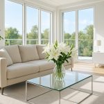 A bright and airy living room featuring a cozy sofa and a vase of white lilies on a glass coffee table, with large windo
