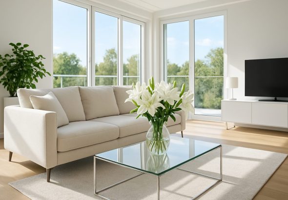A bright and airy living room featuring a cozy sofa and a vase of white lilies on a glass coffee table, with large windo