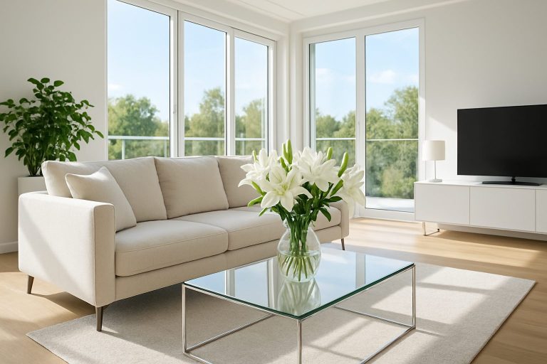 A bright and airy living room featuring a cozy sofa and a vase of white lilies on a glass coffee table, with large windo